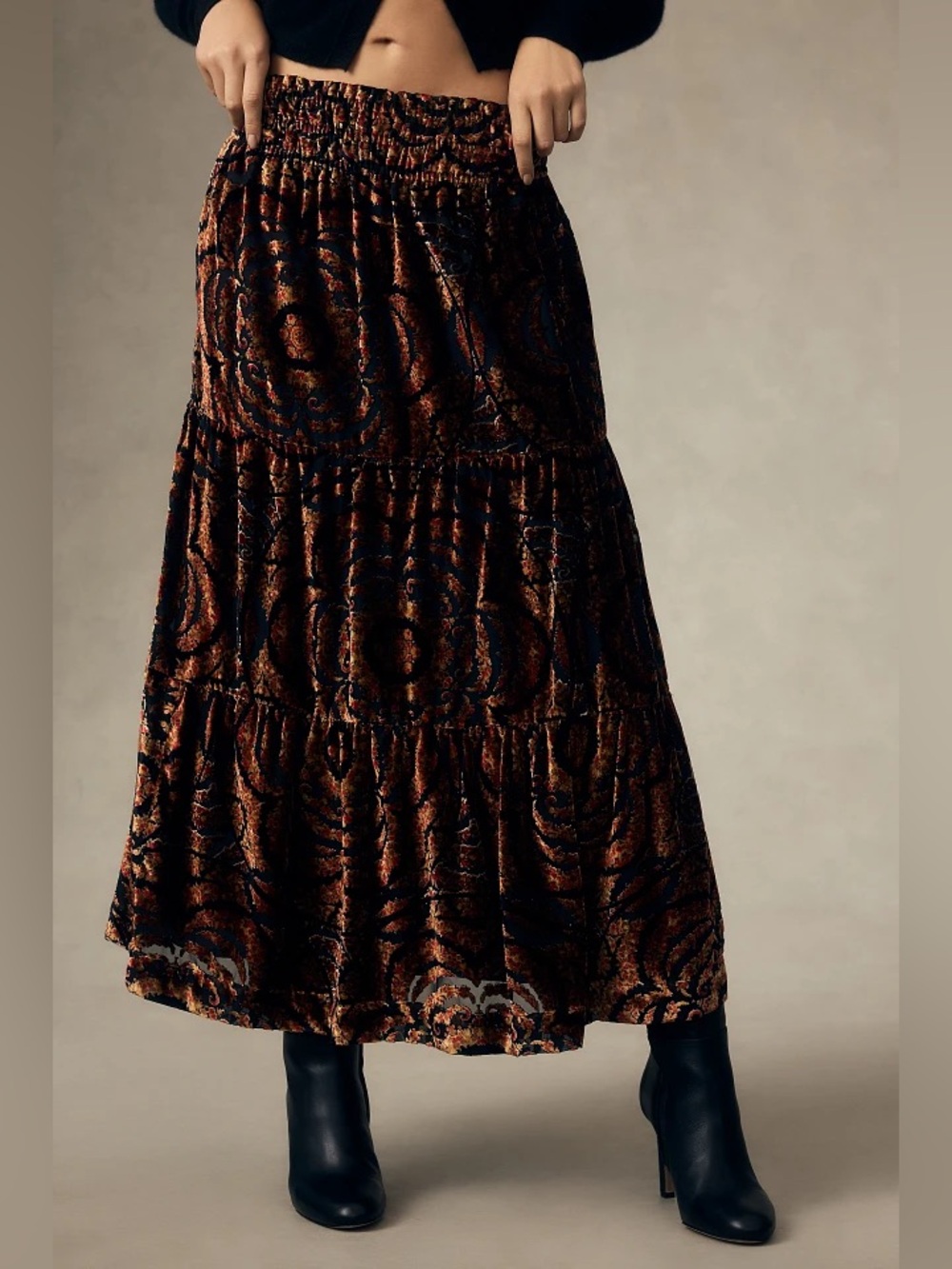Anthropologie Somerset Nina pace Tiered Velvet Maxi Skirt in Black and Bronze